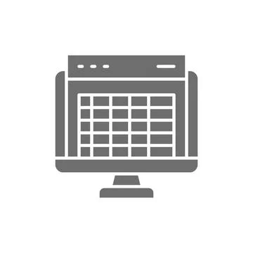 Spreadsheet, computer screen, financial accounting report grey icon. Stock Illustration