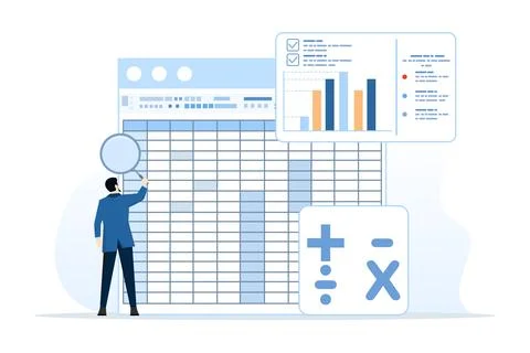Spreadsheet concept, business analysis and analytics, database reports. Stock Illustration