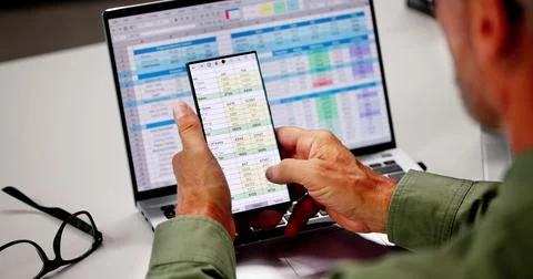 Spreadsheet Data Analyst Using Computer Software On Phone Foto stock