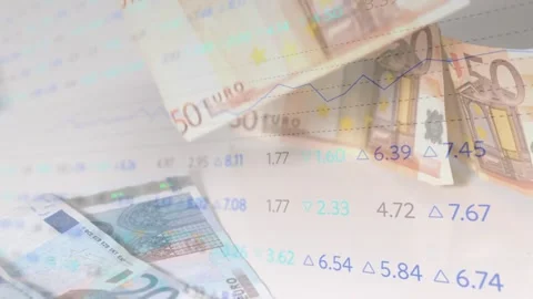 Spreadsheet data opening 50€ note fading in banknotes layering and settling Stock Footage 328685915