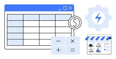 Spreadsheet with data rows and columns, calculator buttons, dollar sign, gear Stock Illustration