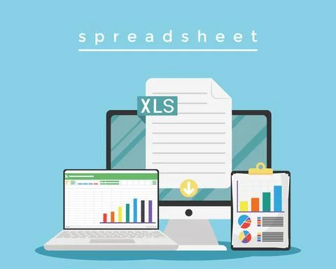 Spreadsheet in desktop and laptop Stock Illustration