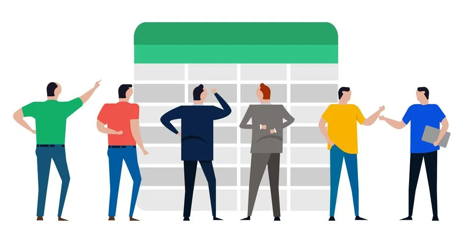 Spreadsheet document data audit by accountant in office people discussing Stock Illustration