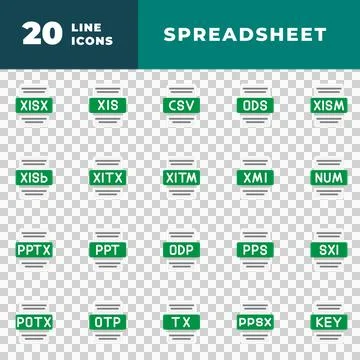 Spreadsheet document file type Set. xls, csv, xml, and pps collection Stock Illustration