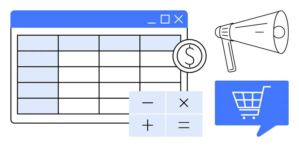 Spreadsheet with dollar symbol, calculator with arithmetic symbols, megaphone Stock Illustration