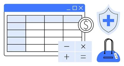 Spreadsheet with financial table, calculator buttons, shield with medical cro Stock Illustration