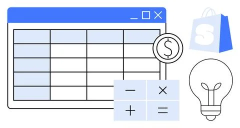 Spreadsheet interface with calculator and dollar sign. Shop icon and light bu Illustrazione stock