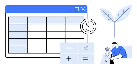 Spreadsheet interface with financial icons, leaf illustration, and man holdin Illustrazione stock