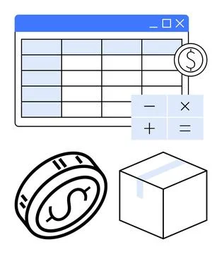Spreadsheet interface with financial symbols, calculator, coin, and package.  Stock Illustration