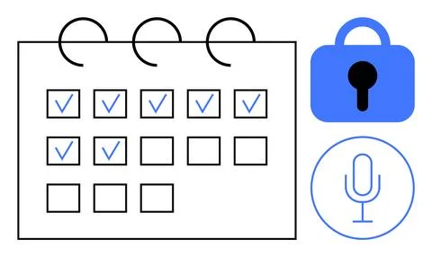 Spreadsheet layout with days marked by checkmarks. Symbols of a lock and a mi Stock Illustration