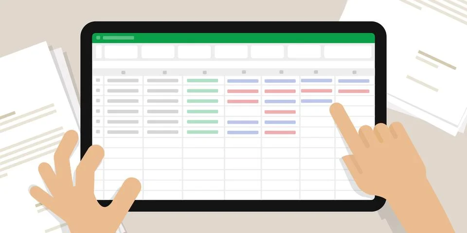 Spreadsheet screen in tablet hand do accounting counting number office work Stock Illustration