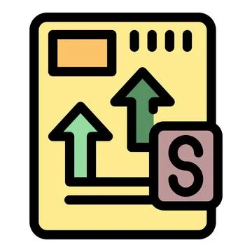 Spreadsheet software showing increasing sales with upward arrows and letter s Stock Illustration