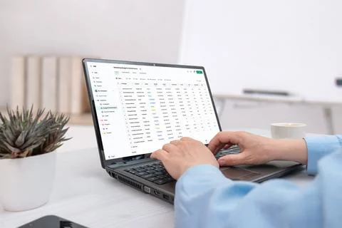 Spreadsheet style business software displayed on laptop in bright workspace.. Stock Photos