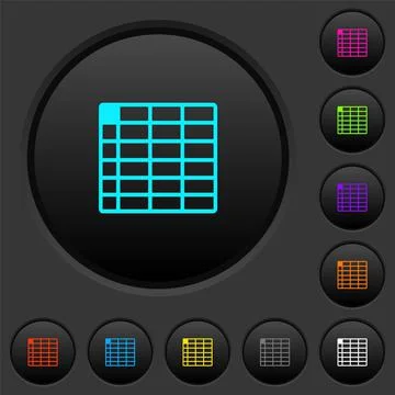 Spreadsheet table dark push buttons with color icons Stock Illustration