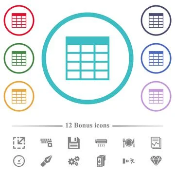 Spreadsheet table flat color icons in circle shape outlines Illustrazione stock