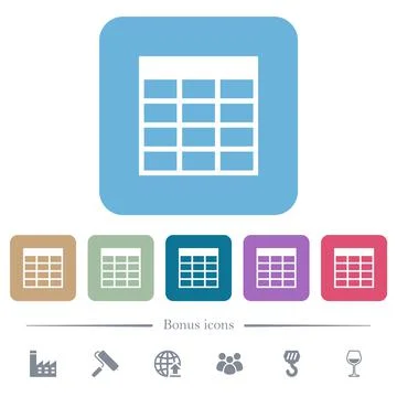Spreadsheet table flat icons on color rounded square backgrounds Stock Illustration