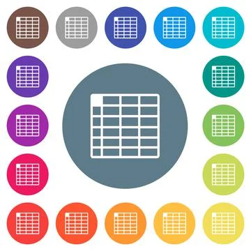 Spreadsheet table flat white icons on round color backgrounds Stock Illustration