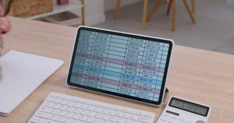 Spreadsheet on tablet screen and calculator support efficiency of accounting Stock Footage 316400668