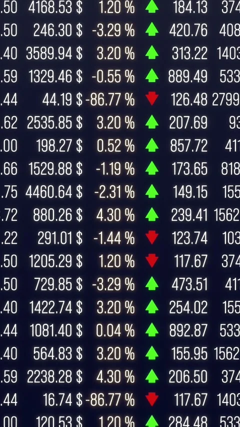 Spreadsheet with trading information, market data, arrow up or down. Stock Footage 319996646