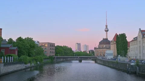Spree River, Bode Museum and Berlin TV Tower at sunset Stockbeeldmateriaal 348271019