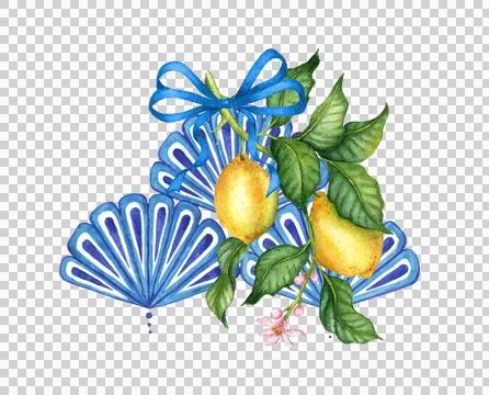 Sprig of lemons and blue shell pattern watercolor Stock Illustration