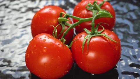 Sprig of tomatoes fall into water make splash, reflection of blue sky, close up Stock Footage 156858289