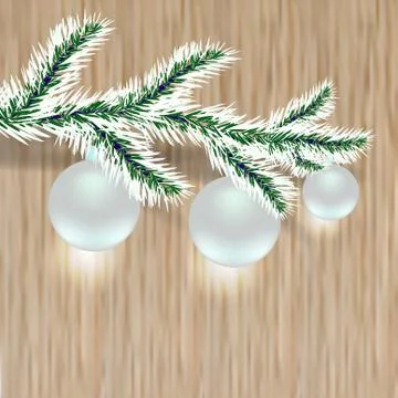 Sprig of tree with silver balls. Christmas, New Year. Wood background illus.. Stock Illustration