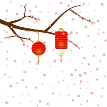 Sprigs of cherry tree flowers sakura fall and Chinese New Year lanterns in paper Illustrazione stock