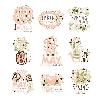 Spring, 1 May set for label design. Spring holidays, First May, International Stock Illustration