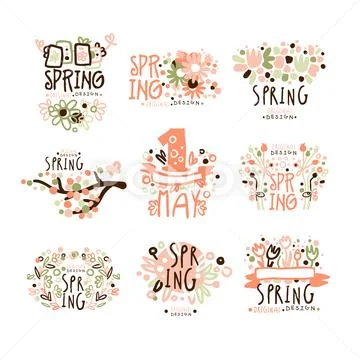 Spring, 1 May set for label design. Spring holidays, First May, International Stock Illustration