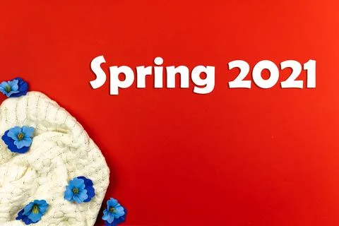 Spring 2021 background and composition with text and inscription, knitted swe Stock Photos