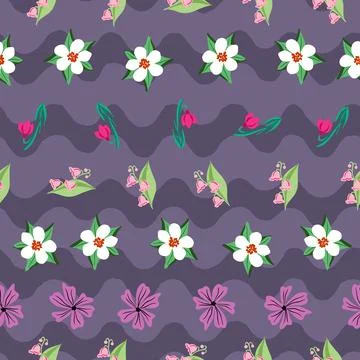 Spring abstract flowers seamless pattern on purple wavy stripes Stock Illustration