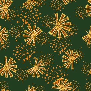 Spring abstract seamless pattern with random orange folk licuala palm ornamen Illustrazione stock