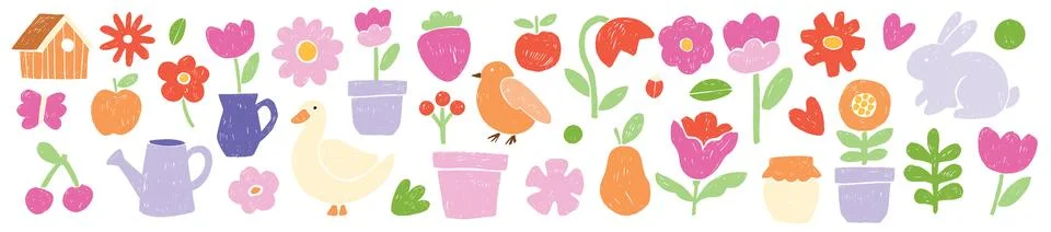 Spring abstract shape set, vector hand drawn summer garden object Stock Illustration