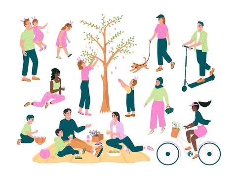 Spring activities semi flat color vector character set Illustrazione stock
