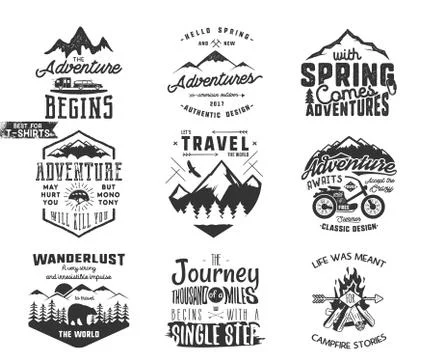 Spring adventure and mountain explorer typography labels set. Outdoors activity Illustrazione stock