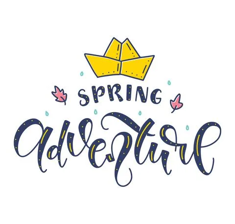 Spring Adventure - colored hand drawn lettering motivation phrase. Illustrazione stock