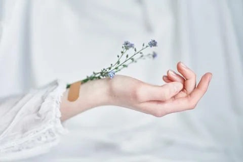 Spring aesthetic: hands, patch and forget me not flowers Stock Photos