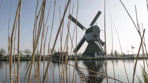 Spring afternoon in the area of windmills in Kinderdijk in Holland Stock Footage 79363272