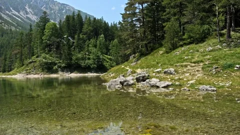 Spring alpine lake with clear emerald water, smooth slider pan, 4K 스톡 동영상 320154984