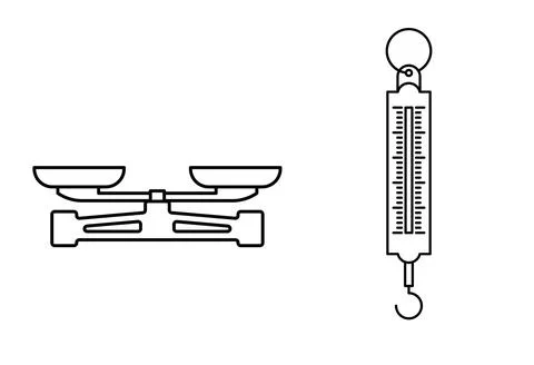 Spring and Balance Scale with Double Pans. Outline Icon. Laboratory Mechani.. Stock Illustration