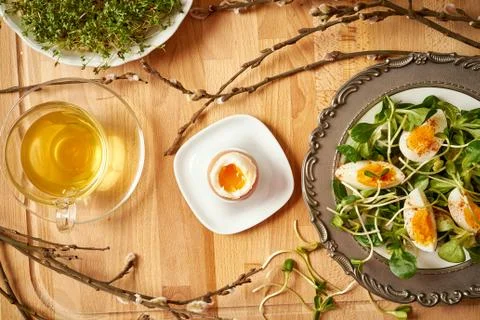 Spring and Easter breakfast with eggs and cress sprouts with tea and sprouts  Stock Photos