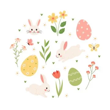 Spring and Easter collection of cute bunnies, flowers and decorations. Hand Stock Illustration