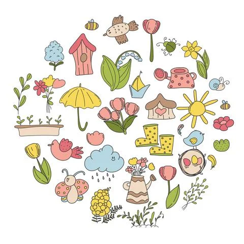 Spring and Easter doodle collection, flowers and decorations. Easter spring s イラスト素材