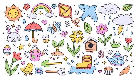 Spring and Easter doodle collection with hand drawn line art garden elements Illustrazione stock