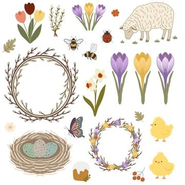 Spring and easter elements flat vector clipart set 库存插图
