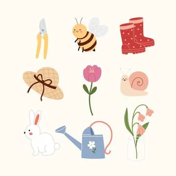 Spring and Easter elements in hand drawn flat style. Cute gardening pack. Illustrazione stock