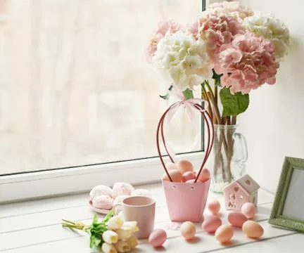 Spring and Easter holiday greeting card concept. Pink and white hydrangeas in Stock Photos