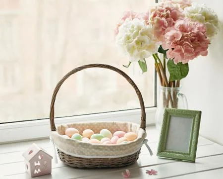 Spring and Easter holiday greeting card concept. Pink and white hydrangeas in Stock Photos