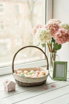 Spring and Easter holiday greeting card concept. Pink and white hydrangeas in Stock Photos